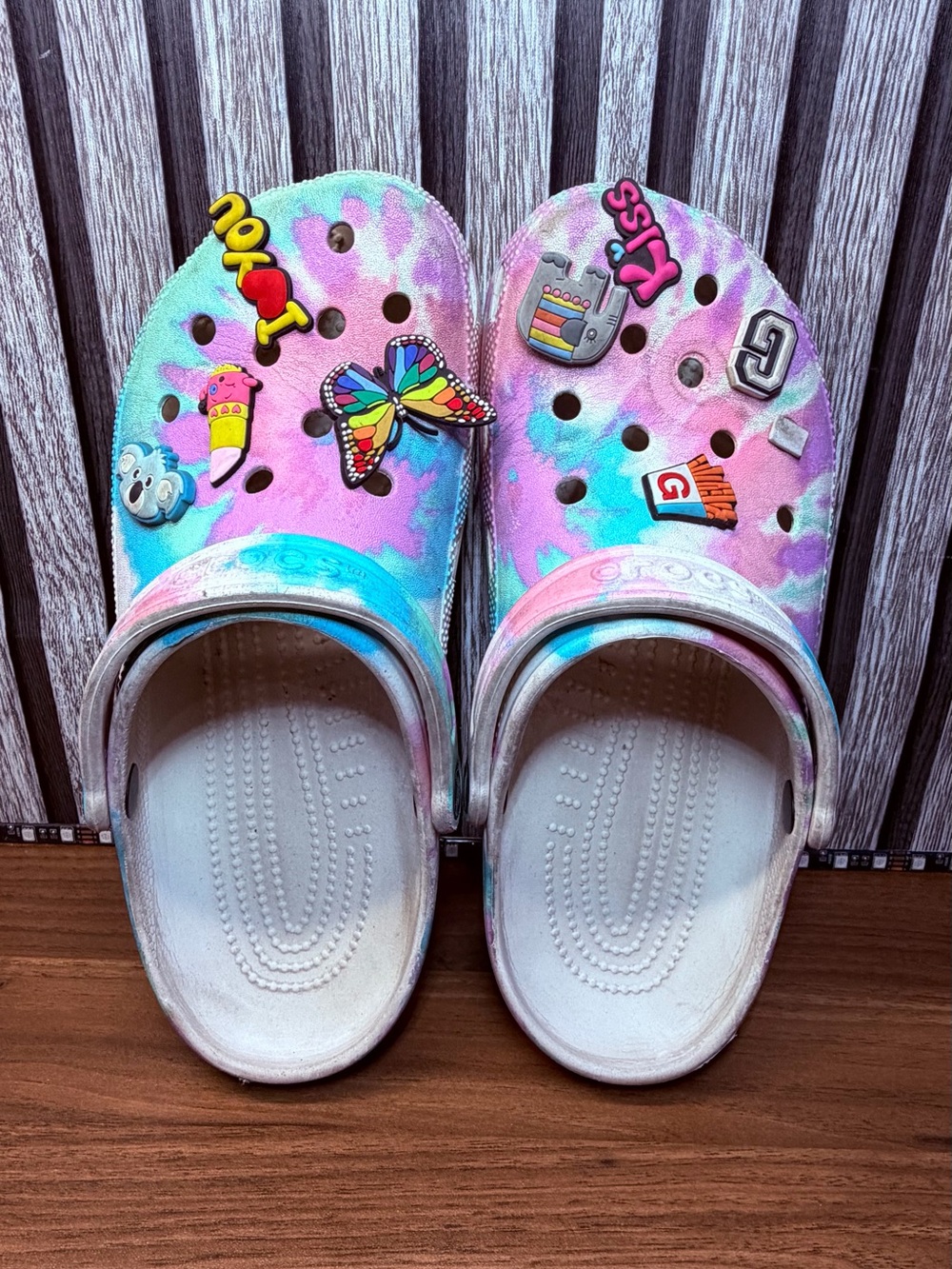 CROCS Kids Tie-Dye Clogs in Pink, Blue & Purple with Charms